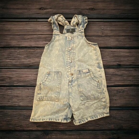 7 For All Mankind Blue Acid Wash Girls Denim Shortalls Romper Size 3T - Picture 1 of 4